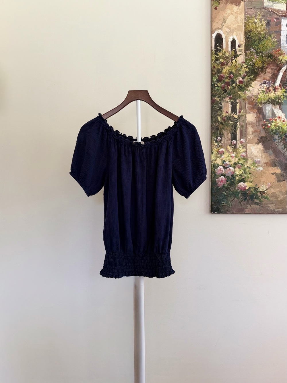Michael Kors Navy Boho Peasant Top Smocked Waist Short Sleeve Size S